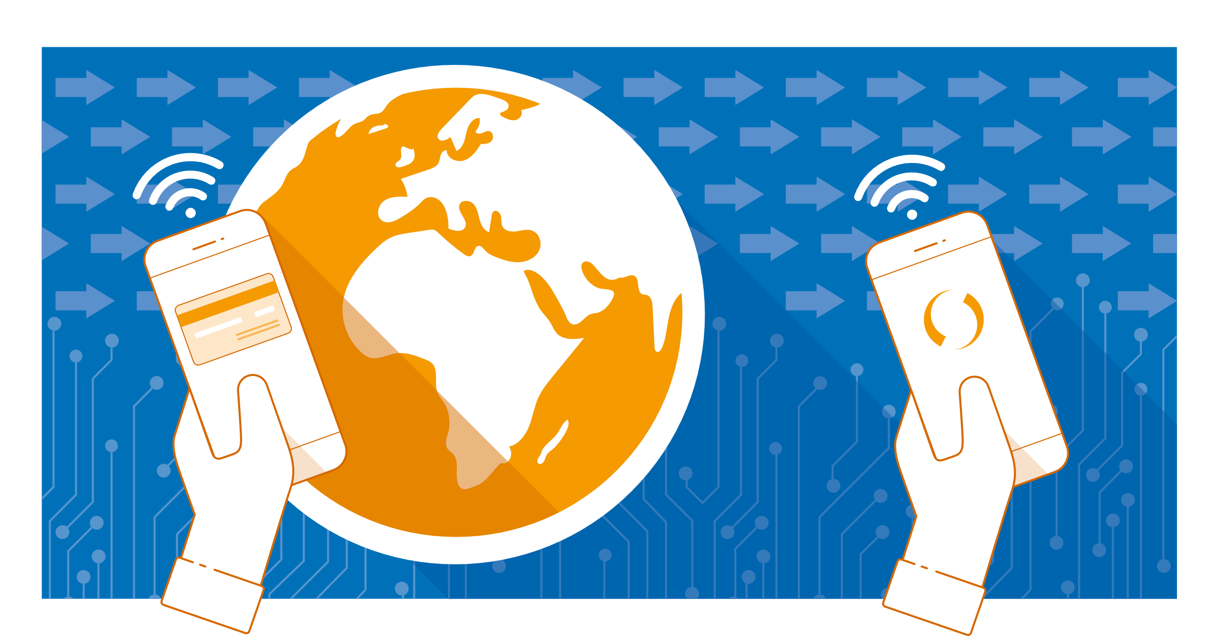 En jordglob och två händer som håller i mobiltelefoner. På ena mobilskärmen ett kreditkort, på andra skärmen swishloggan. Bakgrunden består av pilar som är riktade mot höger.
