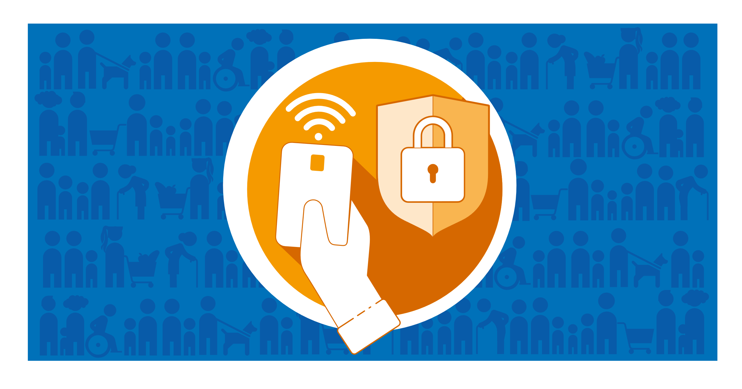 Illustration with an orange circle, where a hand is holding a payment card and next to it is a shield with a padlock. The background is covered by silhouettes of people.