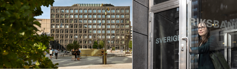 Riksbankshuset och kvinna vid huvudentrén står vid dörrarna