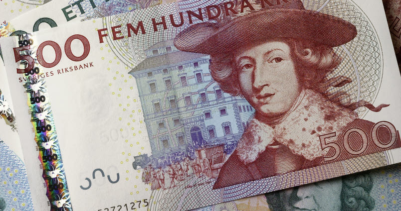 Collage med gamla 100- och 500-kronorssedlar