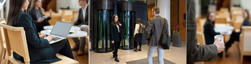 Tre bilder, kollage, kontorsmiljö, huvudentre med kvinna och man som passerar, kaffekopp